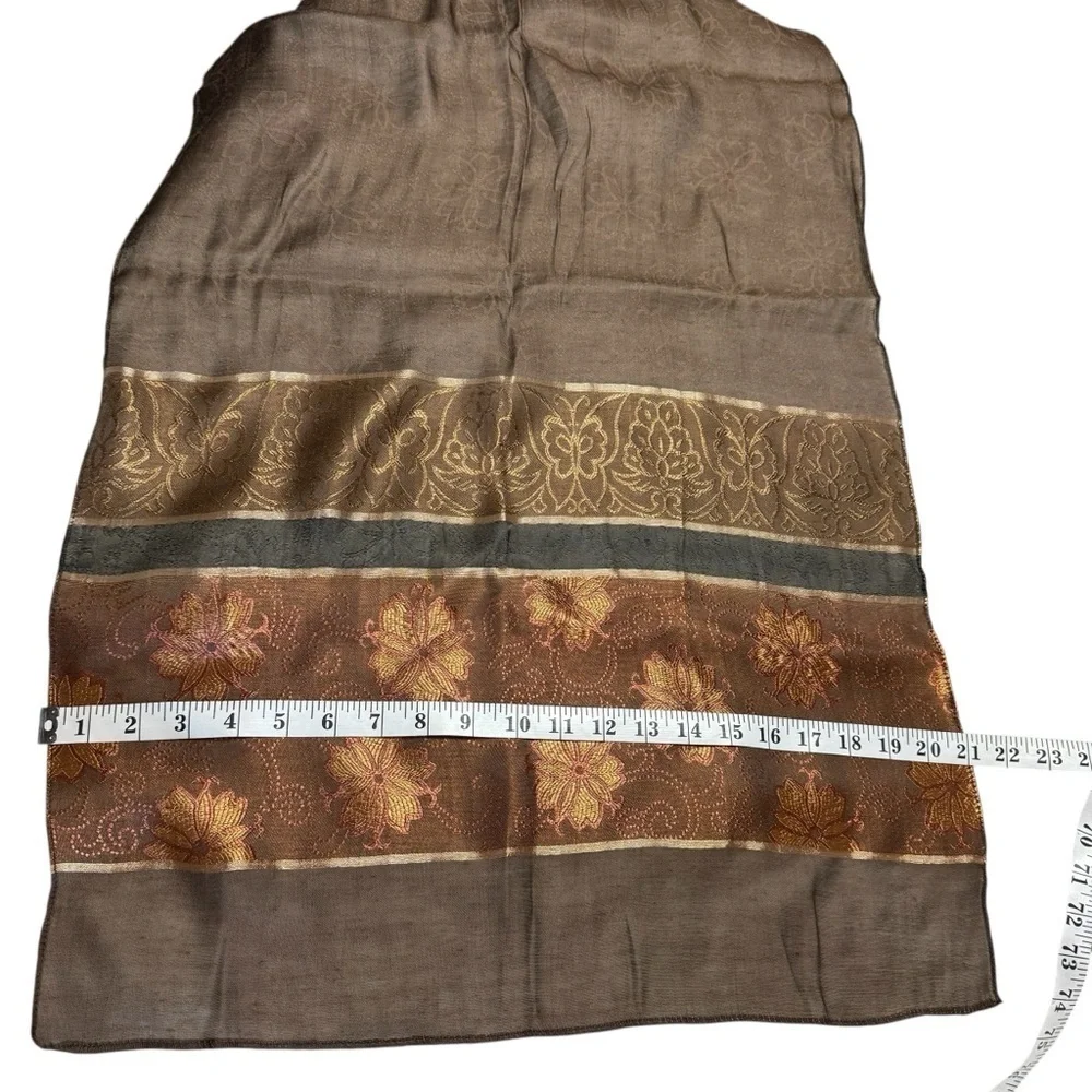 100% Silk Scarf Embroidered Brown Floral Scarf 67x21 Thanksgiving Preppy Fall